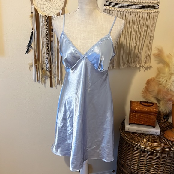 Powder Blue Satin Lingerie Slip Dress by Adonna with Tie Backside / Size Large - Picture 2 of 8